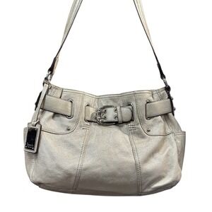 Tignanello Genuine Metallic Silver Leather Purse Hobo Soft Shoulder Handbag